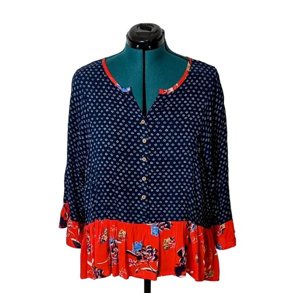 Grand & Greene Blue/Red Mixed Print Loose Fit Cropped Blouse Size Large - Picture 1 of 9
